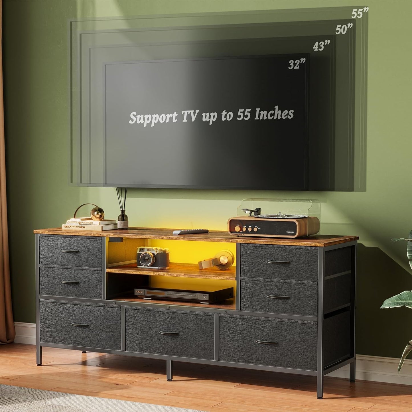 Rustic Brown and Black TV Stand Dresser with Power Outlets, LED Lighting, and 7 Drawers - 47 Inch Console