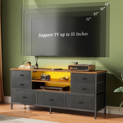Rustic Brown and Black TV Stand Dresser with Power Outlets, LED Lighting, and 7 Drawers - 47 Inch Console