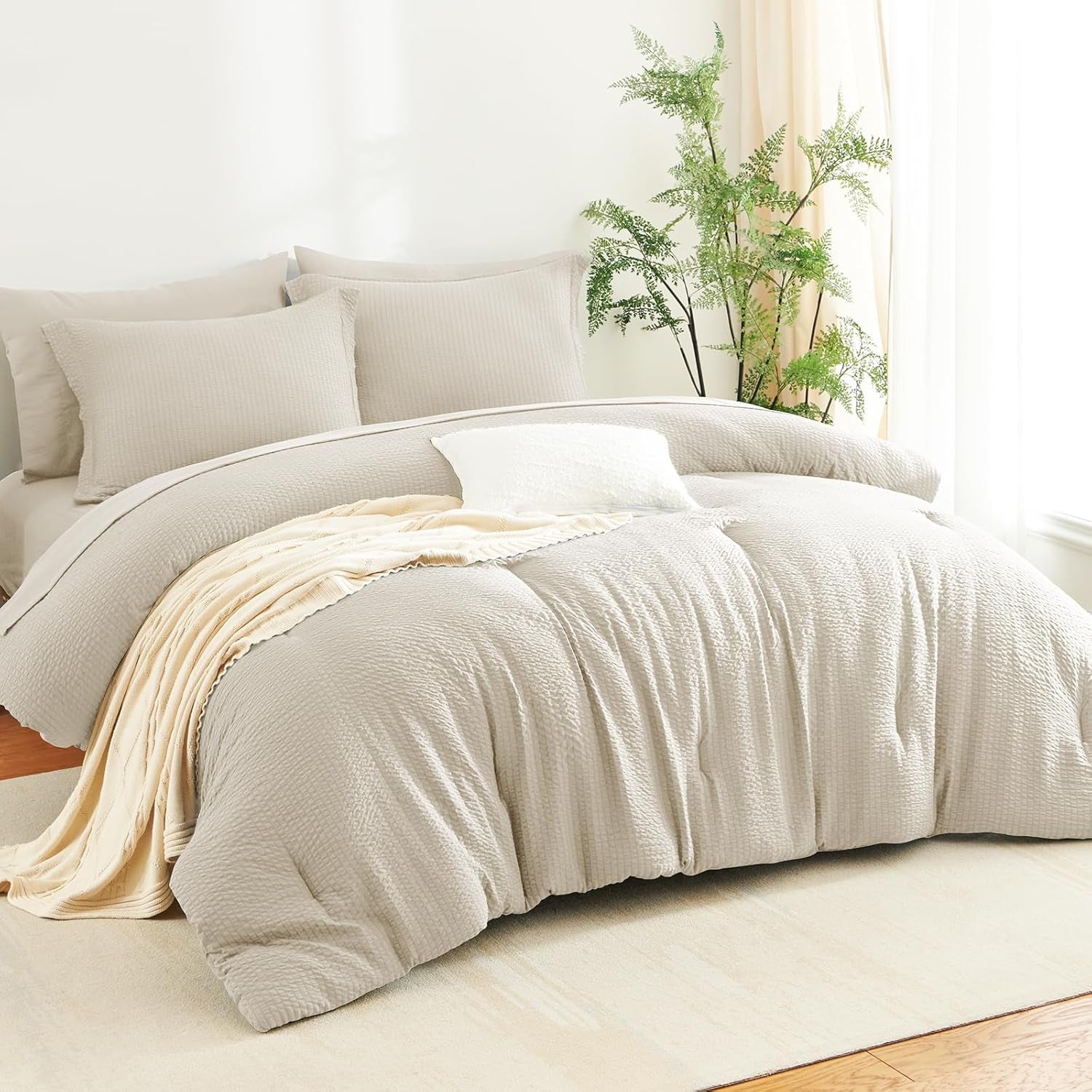 Queen Comforter Set - 7 Pieces Seersucker Bed in a Bag, Soft Lightweight Boho Bedding Set with All Season Comforters Queen Size, Sheets, Pillowcases & Shams, Beige Queen