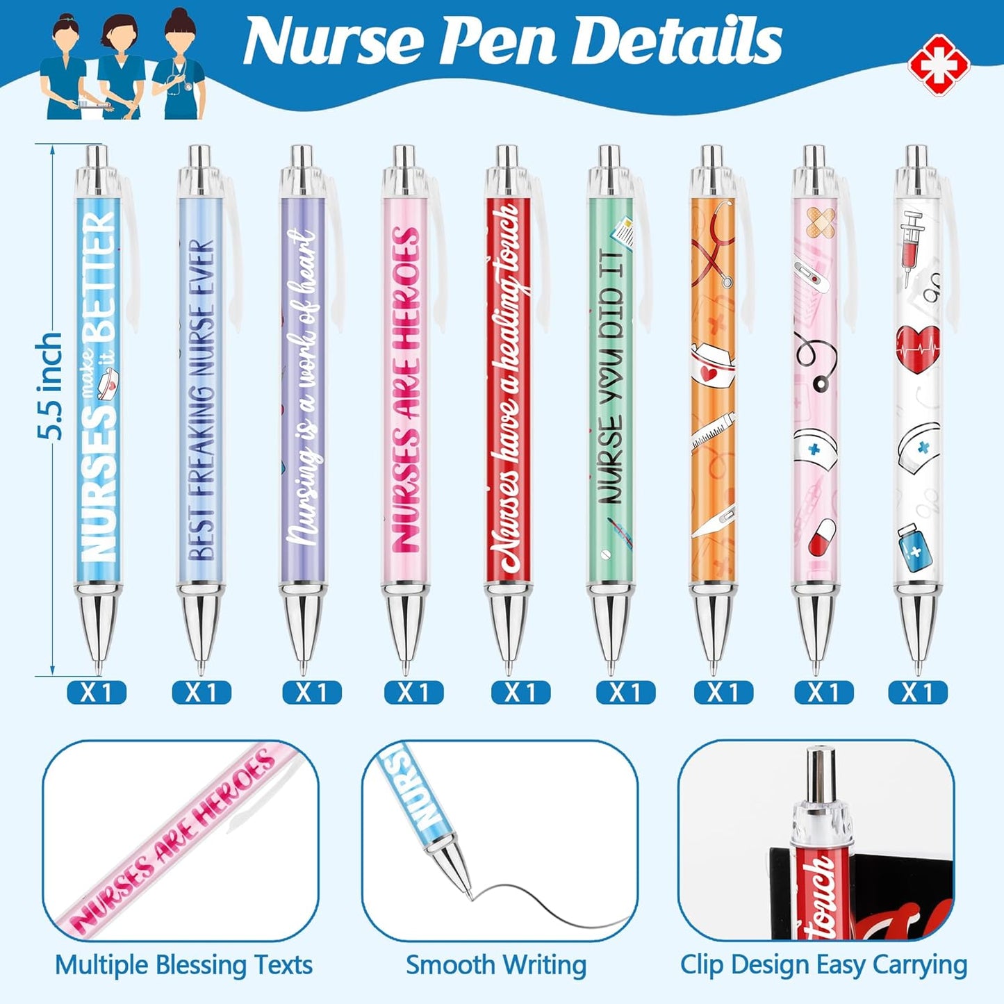 18 PCS Nurse Accessories for Work, Thank You Nurse Badge Reels and Retractable Nurse Pens, Badge Holder with Clip Nurse Ballpoint Pen ID Card Holder for Nurse Appreciation Presents