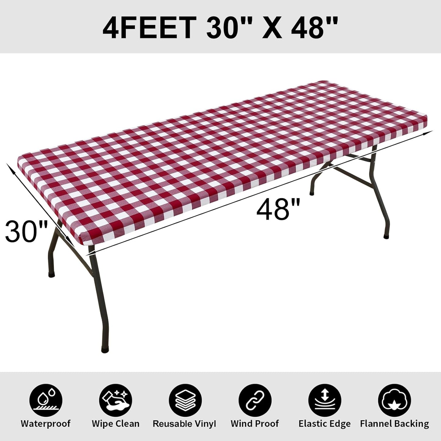 Rectangle Elastic Waterproof Vinyl Picnic Tablecloth, Flannel Backed Buffalo Plaid Cover for Dining and Outdoor Use (Burgundy and White, 30" x 48")