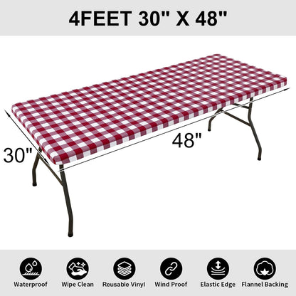 Rectangle Elastic Waterproof Vinyl Picnic Tablecloth, Flannel Backed Buffalo Plaid Cover for Dining and Outdoor Use (Burgundy and White, 30" x 48")
