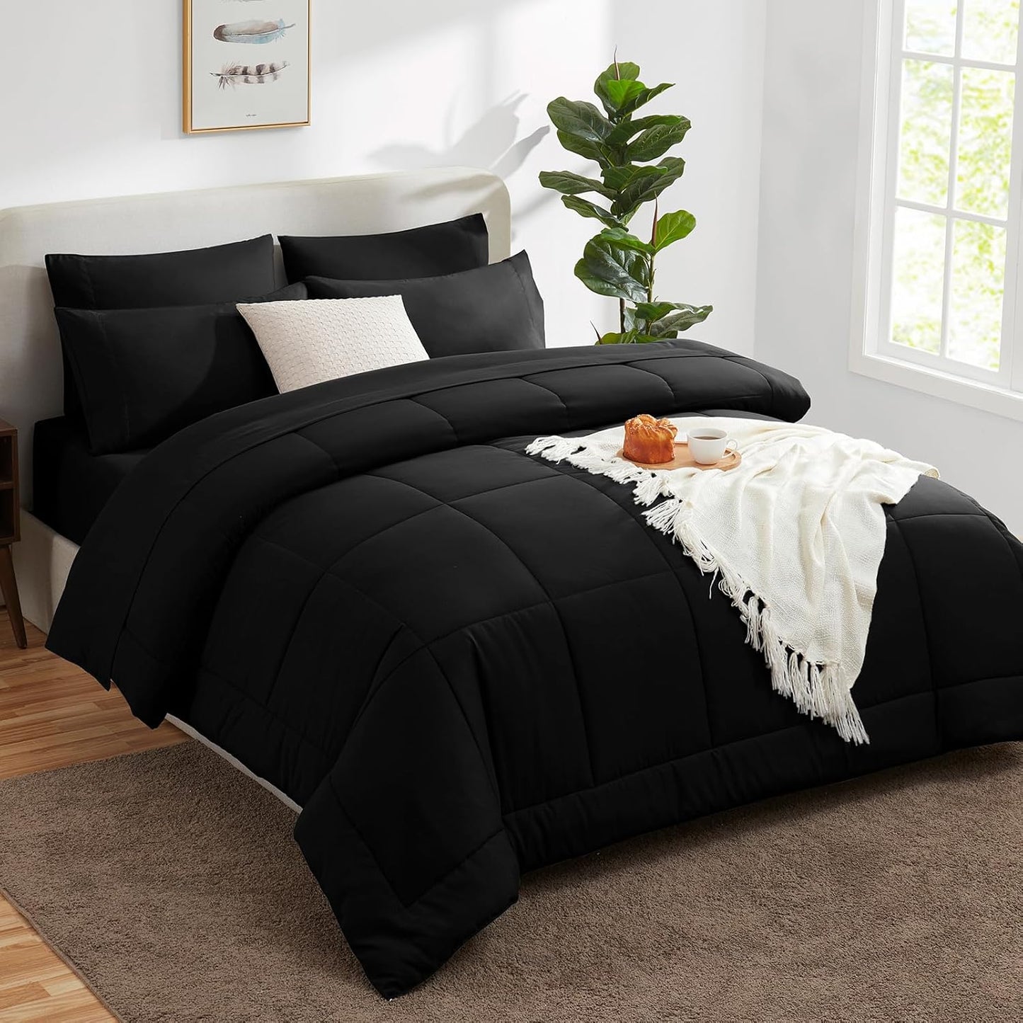 Queen Comforter Set Black 7 Pieces Bed in a Bag Black Premium Comforters Queen Size Bed Set Bedding Sets Queen with All Season Stitch Quilted Comforter, Flat Sheet, Fitted Sheet, Pillowcases