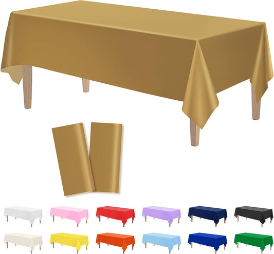 2PCS Gold Plastic Tablecloths 54 X 108 Inch, Disposable Table Cloths Rectangle Party Table Covers