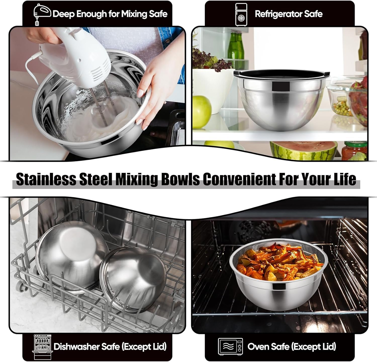 Mixing Bowl with Airtight Lid Set of 5, 10-Piece Stainless Steel Nesting Salad Bowl Set for Prepping, Mixing and Serving, Size 4.6, 3, 1.5, 1, 0.7 QT, Rimmed Edges & Flat Base, Black