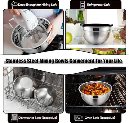 Mixing Bowl with Airtight Lid Set of 5, 10-Piece Stainless Steel Nesting Salad Bowl Set for Prepping, Mixing and Serving, Size 4.6, 3, 1.5, 1, 0.7 QT, Rimmed Edges & Flat Base, Black