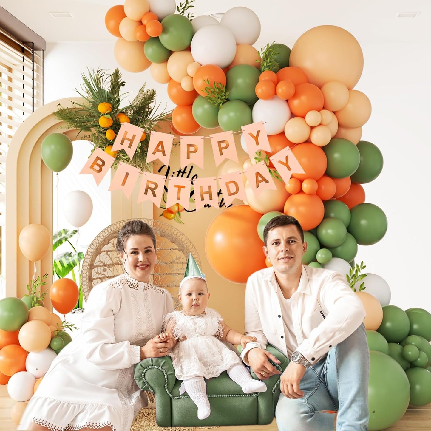 141Pcs Little Cutie Orange and White Balloon Arch Garland Kit with Sage Green Orange Nude Sand White Balloons for Birthday Party Little Cutie Baby Shower Decorations