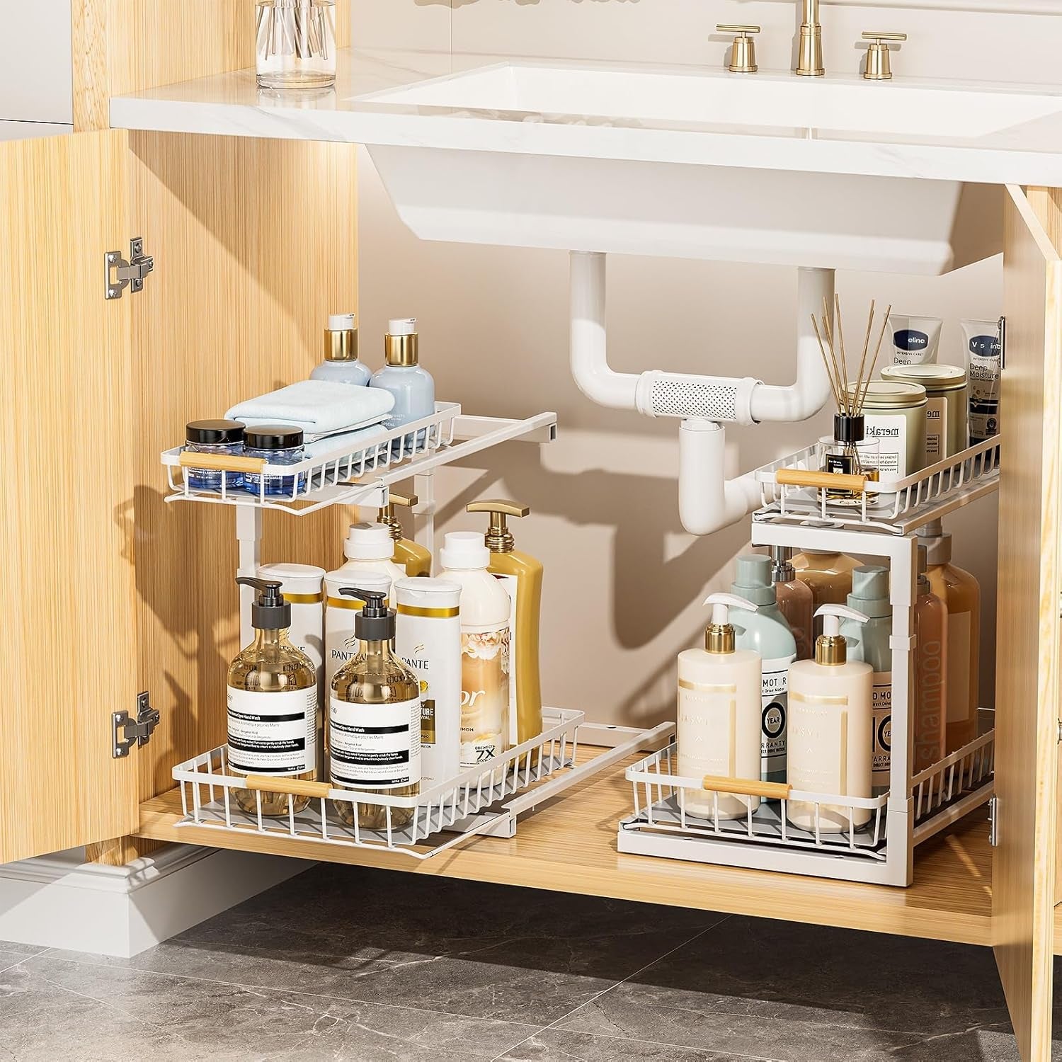 2 Pack under Sink Organizer and Storage, 2 Tier Pull Out Cabinet Organizer, Slide Out under Sink Storage Shelf, Undersink Organizers Shelves for Kitchen Bathroom Pantry Organization