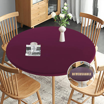 Fitted round Table Cloth, Reversible Waterproof Stain Resistant Elastic Stretch Tablecloth, Wipe Clean Table Cover for Outdoor/Indoor Use, Fits round Tables up to 40" - 44" Diameter, Burgundy
