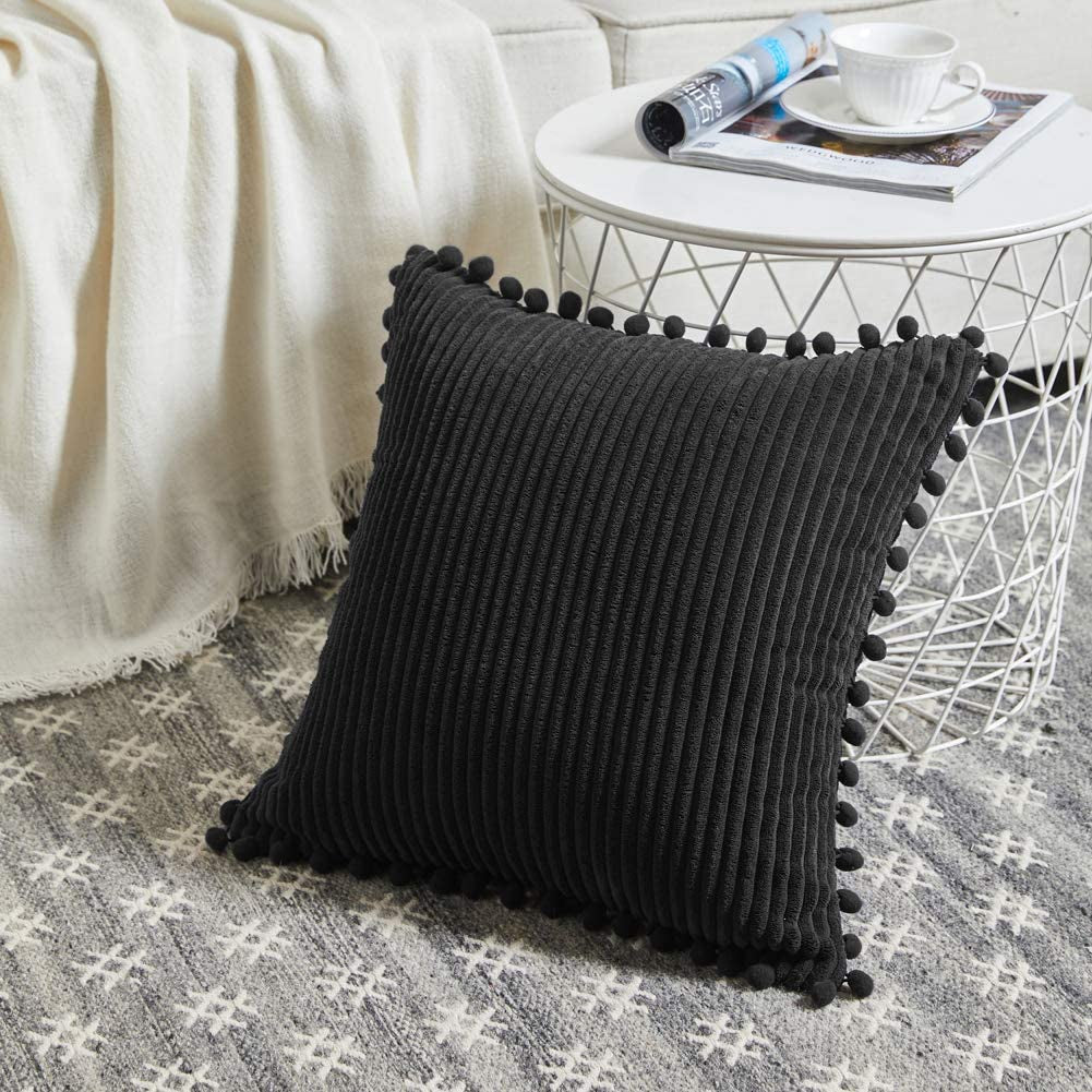 Pack of 2 Black Decorative Throw Pillow Covers with Pom-Poms, Soft Corduroy Solid Square Cushion Cases Set for Couch Sofa Bedroom Car Living Room (18X18 Inch/45X45 Cm, Black)