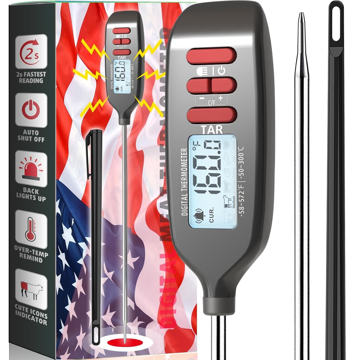 Meat Thermometer Digital, Smart Instant Read Food Thermometer with Super Long Probe for Cooking Grilling Baking Kitchen Candy BBQ Oil Liquid, Backlit Display, Battery Included