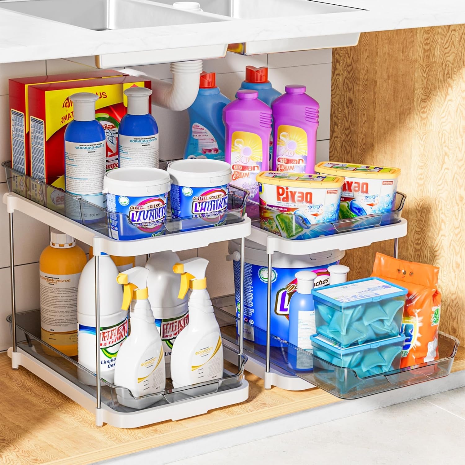 2 Sets of 2-Tier Multi-Purpose Bathroom Cabinet under Sink Organizers and Storage, Stackable Kitchen Pantry Organization and Storage, Grey
