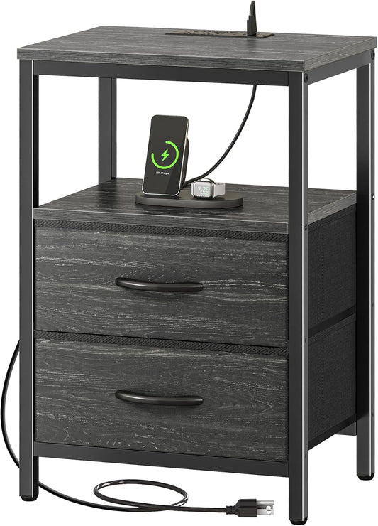 Elegant Nightstand with Integrated Charging Station, Fabric Storage Drawers, Open Shelf Design, USB Ports and Outlets, Charcoal Black Wood Grain Finish