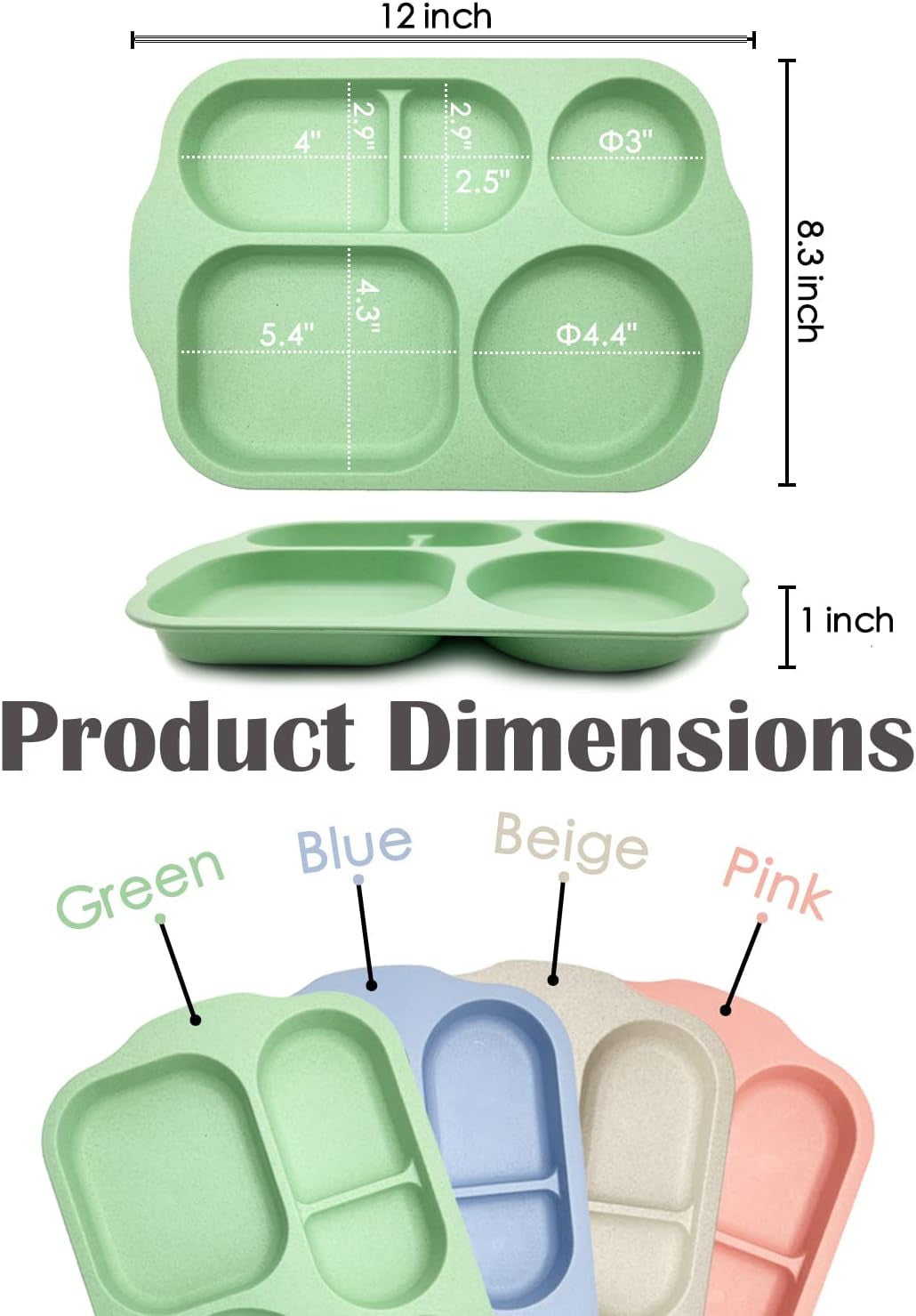 Unbreakable Divided Plates, 4 Pack Wheat Straw Tray, Large Fast Food Tray for Toddlers Adults Kids Children, Lightweight Plates, Dishwasher and Microwave Safe