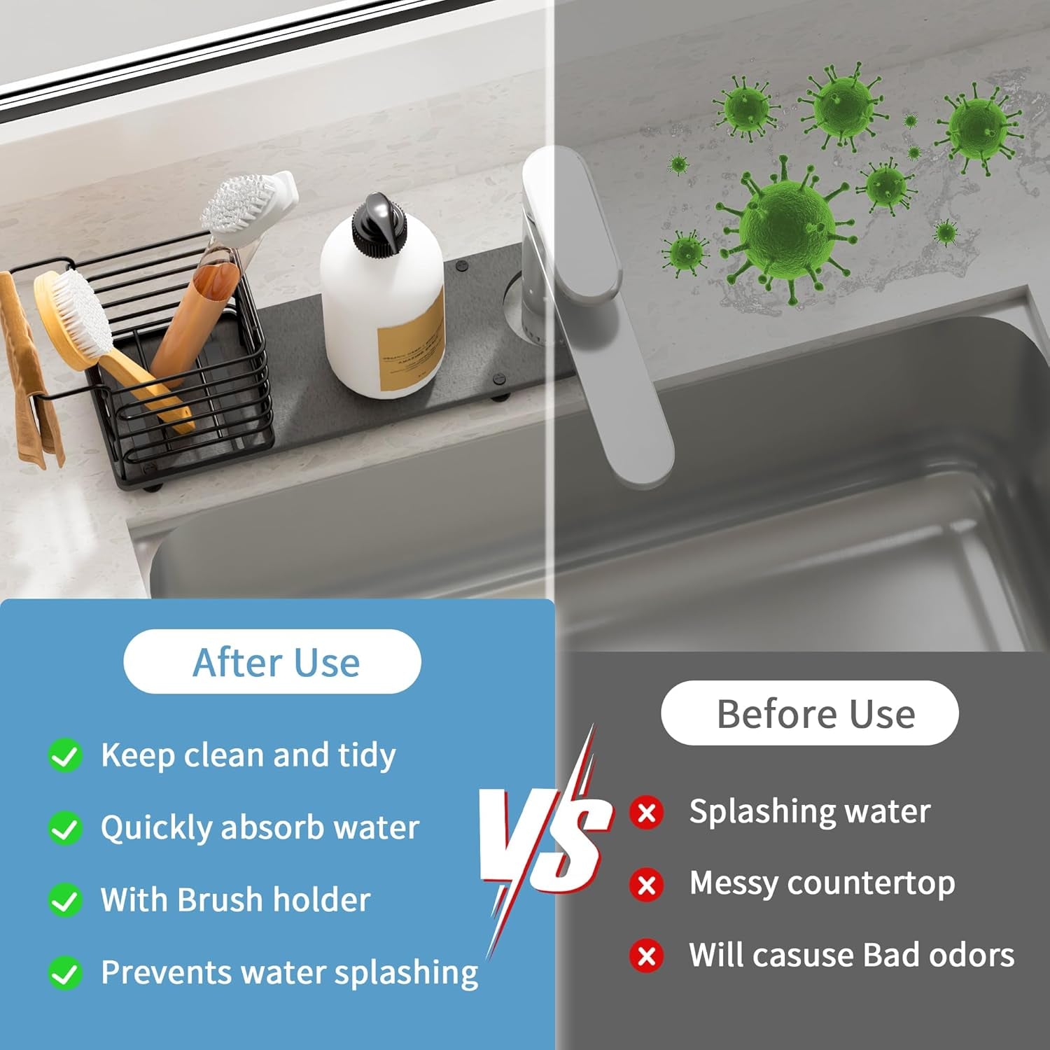 Kitchen Sink Faucet Mat with Brush Holder - 23.6 Inch Absorbent Splash Guard, Diatomite Stone Fast-Drying Mat for Bathroom Counters