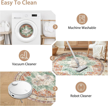4Ft Area Rugs Machine Washable No Pile Non Slip Vintage Rugs for Living Room&Bedroom&Dinning Room Bohemian Distressed Carpet Indoor,Brick