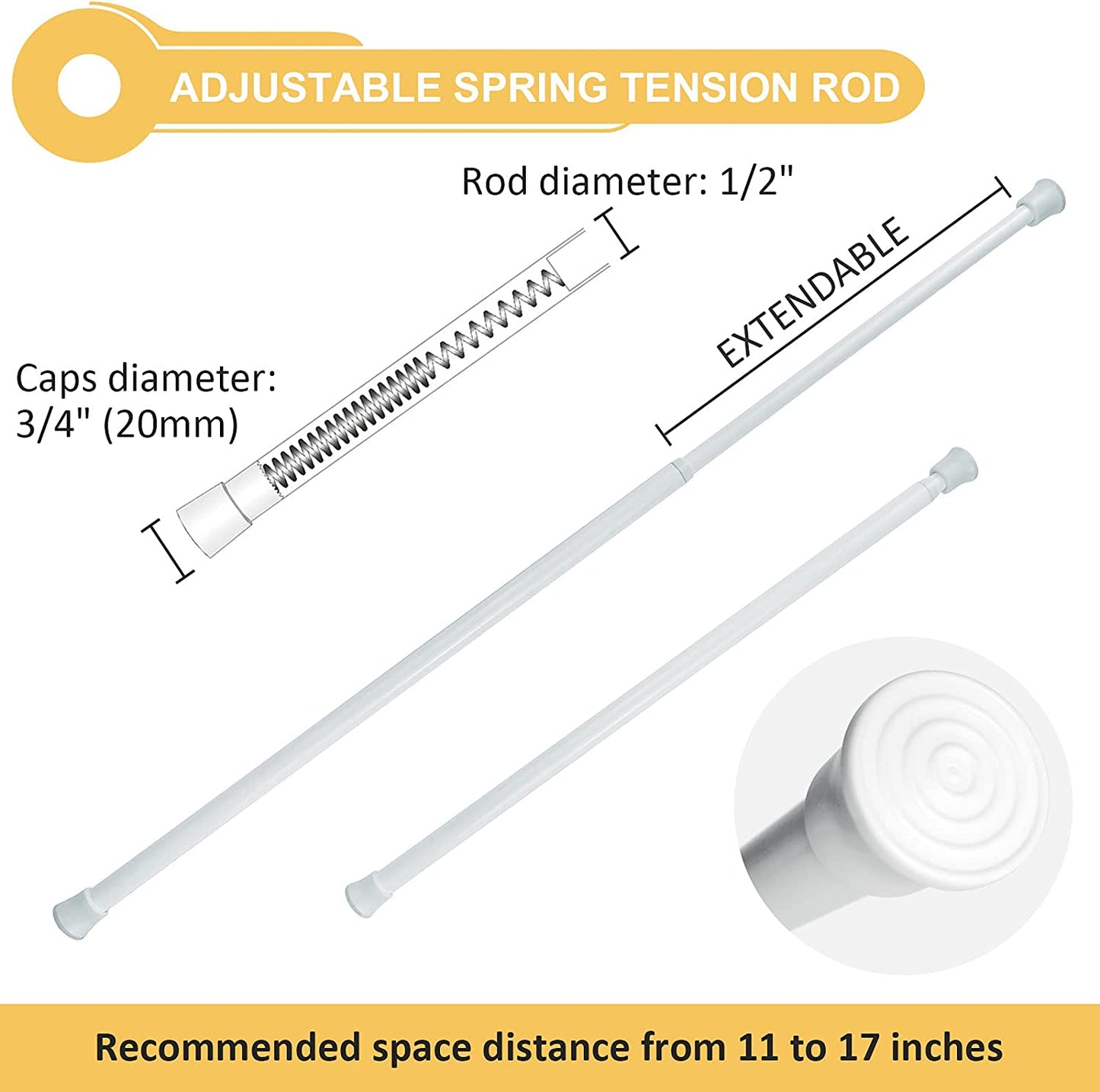 2Pcs Small Tension Rod 11 to 17 Inch, Adjustable Thin Mini Spring Loaded Curtain Tension Rods for Windows, Closet, RV, Trailer, Cupboard, Refrigerator (White)