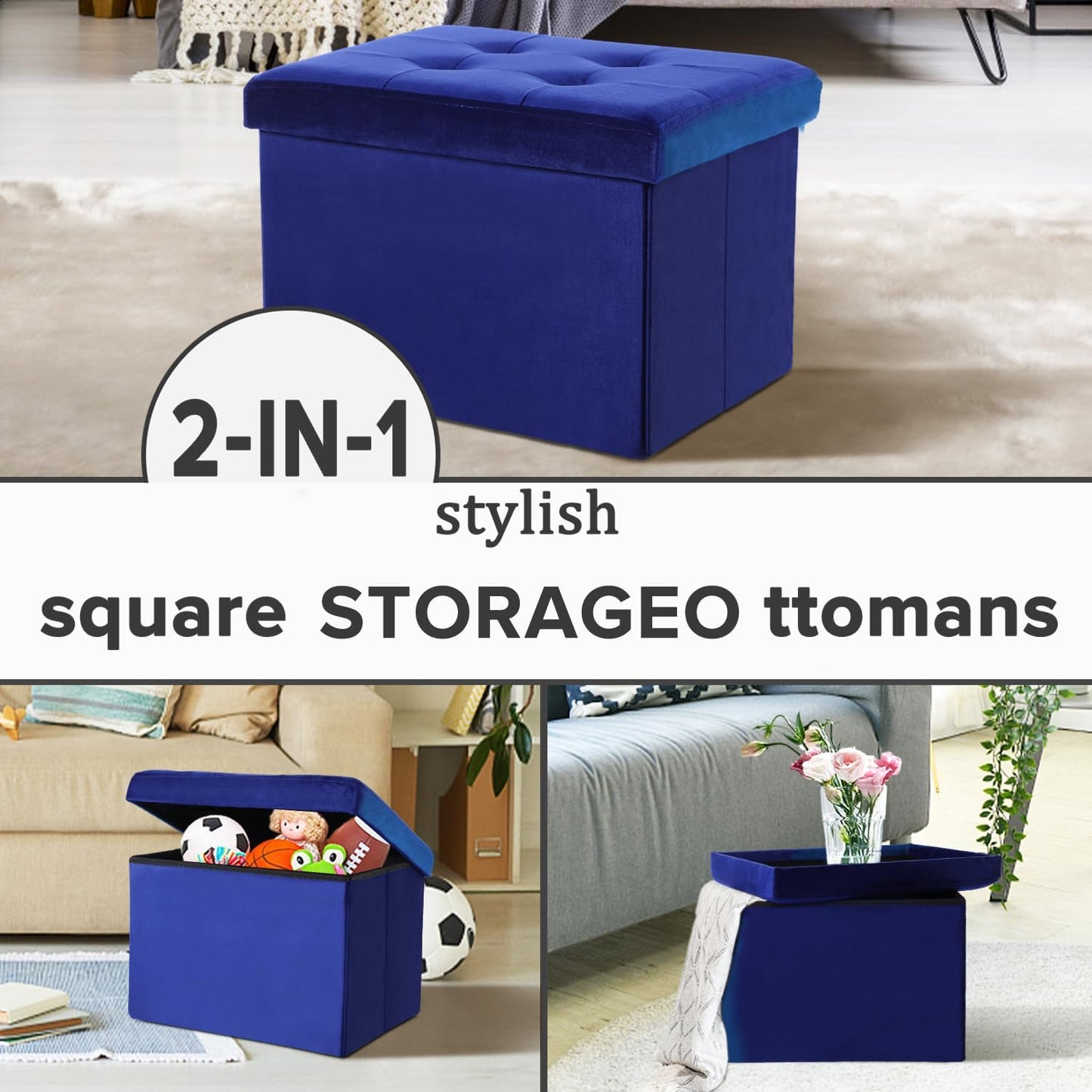 Navy Small Velvet Rectangle Ottoman with Storage - Button-Tufted Folding Foot Rest for Desk or Room Use (16"x12"x12")