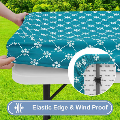 Rectangle Vinyl Table Cloth, Elastic Fitted Tablecloth with Flannel Backing, Waterproof Plastic Table Cover Fits 6 Foot Folding Tables for Camping, Indoor and Outdoor (Teal, 30" X 72")