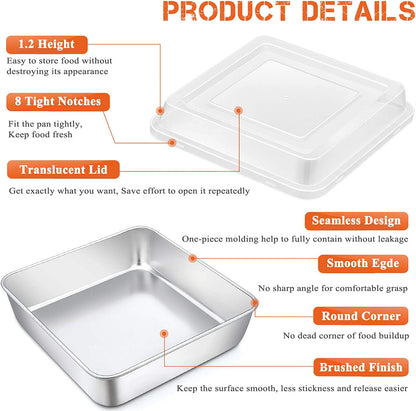 Square Baking Cake Pan with Lid, Stainless Steel Lasagna Brownie Pan and Plastic Cover for Picnic Wedding Birthday, Healthy & Sturdy, Oven & Dishwasher Safe, (8 Inch, 2Pcs)