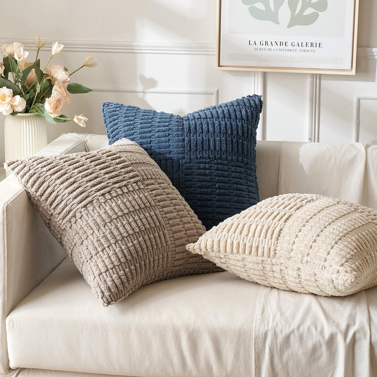 Set of 2 Light Brown Decorative Pillow Covers 18X18 Inch Textured Striped Patchwork Accents Farmhouse Boho Soft Corduroy Couch Pillows for Sofa Living Room Bed Home Decor