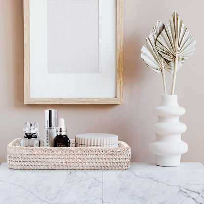 Rattan Bathroom Vanity Trays Toilet Tank Baskets Long Narrow Hand Towel Storage Basket for Storage, Decorative (Whitewash 10.2 X 4.9 X 1.6 Inch)
