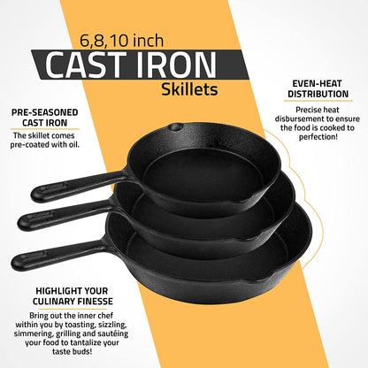 Cast Iron Skillets 3 Piece Set, Chefs Pan, Pre Seasoned Cast Iron Skillets, 6, 8 & 10 Inches, Easy Use in the Oven, Stove, Grill, or Campfire, Black