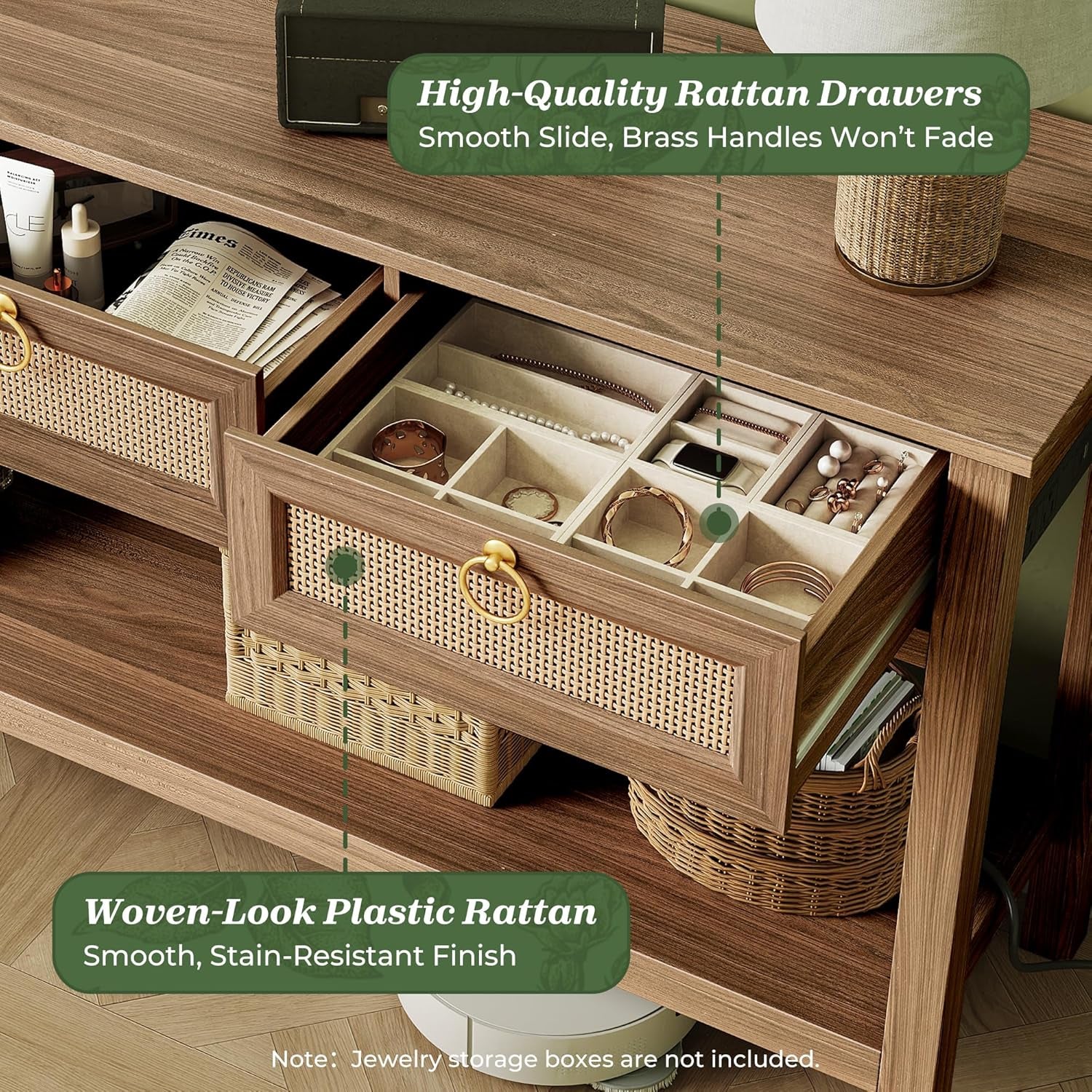 Rattan Console Sofa Table with Integrated Outlets and USB-C Port, 3-Drawer Entryway Table with Synthetic Rattan Surface and Open Shelf for Foyer and Hallway Storage, Brown