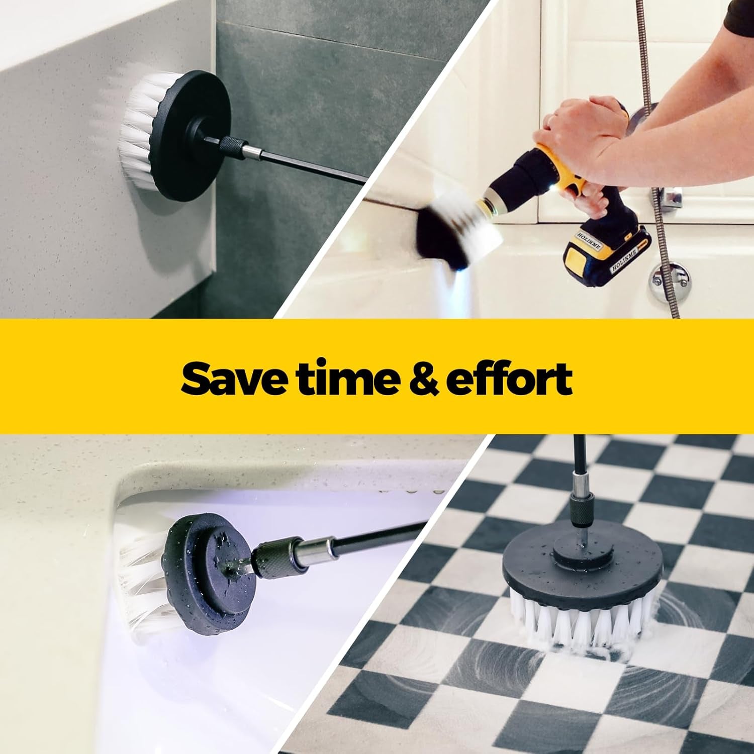 5Pack Drill Brush Attachment Set-Car Interior Detailing Kit，Power Scrubber Brush Extended Long Attachment for Bathroom, Car，Shower，Carpet,Boat,Kitchen，Floor and Tile，White