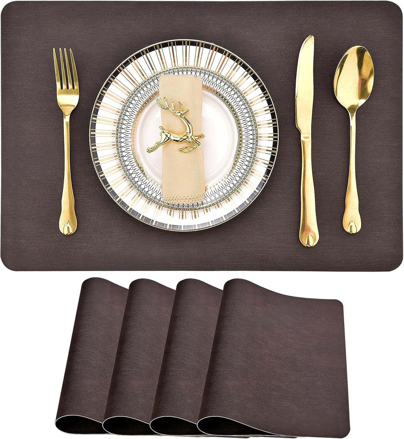 Faux Leather Placemats Set of 4 - Stain, Heat, and Spill Resistant, Non-Slip Design for Enhanced Dining and Kitchen Decor, 18 x 12 Inches (Dark Brown)