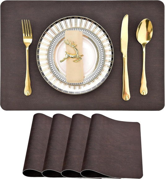 Faux Leather Placemats Set of 4 - Stain, Heat, and Spill Resistant, Non-Slip Design for Enhanced Dining and Kitchen Decor, 18 x 12 Inches (Dark Brown)