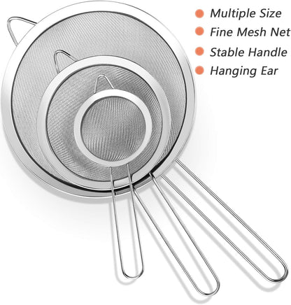3Pcs Super Wire Extra Fine Mesh Strainer with Handle, Small Medium Large Size Sifter Metal Strainer Set, Stainless Steel Sieve Fine Mesh Strainers for Kitchen Rice Juice Quinoa Food Flour Baking