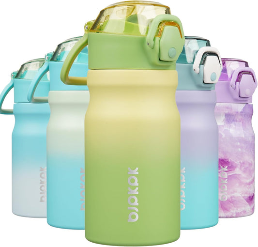 Water Bottle with Straw 14Oz Insulated Water Bottles Reusable Stainless Steel Metal Thermo with Leak Proof Lockable Lid and Carry Handle,Lime