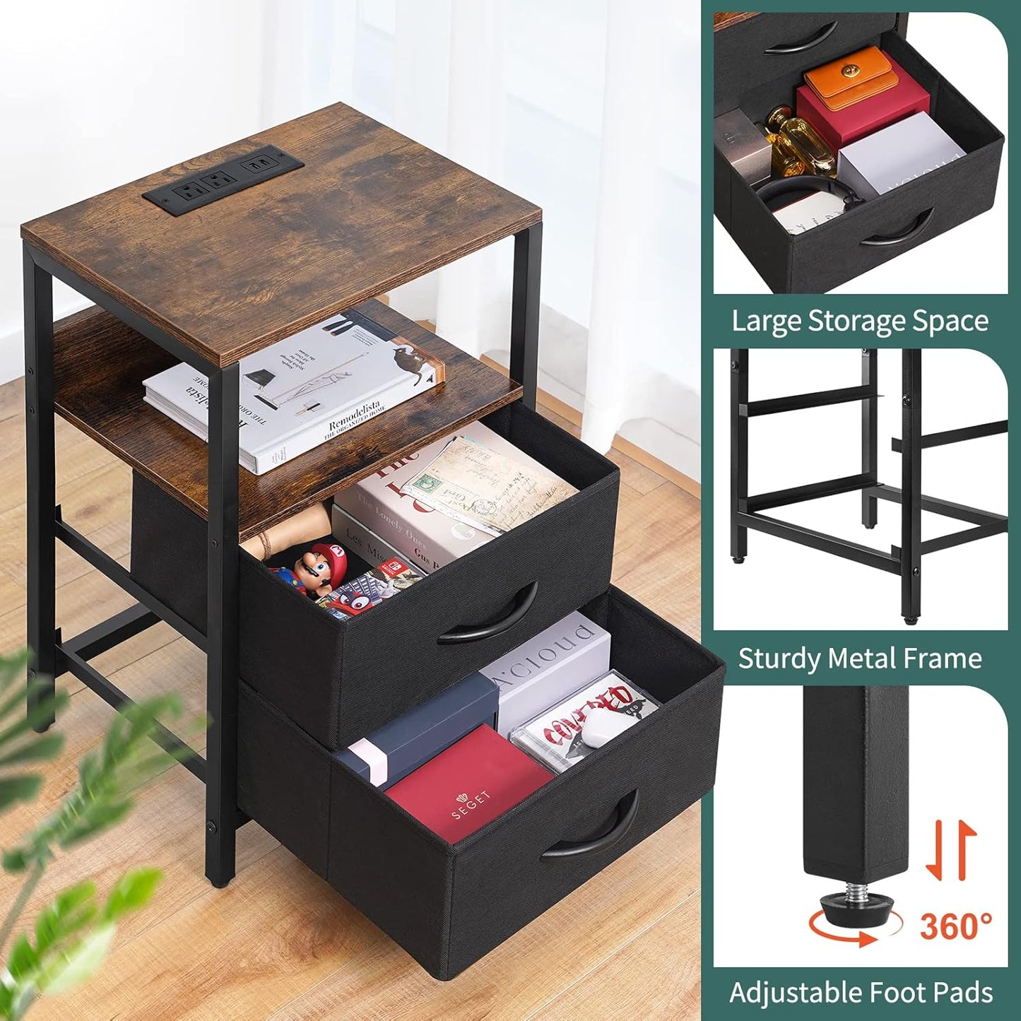 Nightstand with Charging Station, Small Night Stand with Fabric Drawers and Storage Shelf for Bedrooms, Nightstands for Small Spaces, Bedside Table with USB Ports & Outlets, Bed Side Table