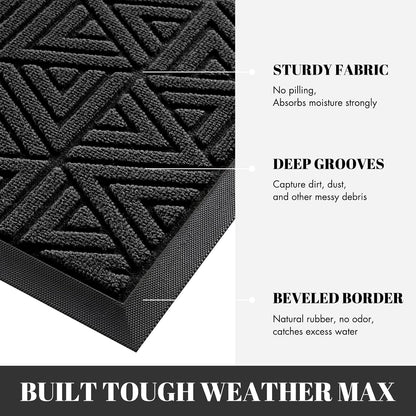 Outdoor Mats for Front Door, Waterproof All-Weather Door Mat outside Entrance, Heavy Duty Non-Slip Welcome Mat, Garage and Patio Indoor Entryway Doormat, Easy Clean, Black