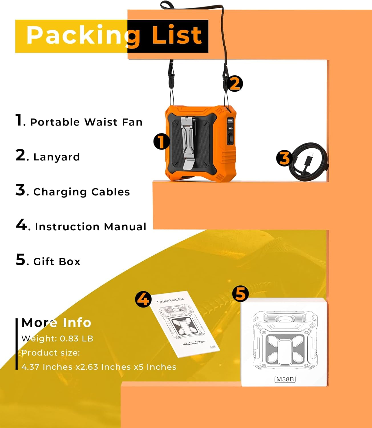 Portable Fan with 5-Speed Settings, Dual-Sided Clip on Wearable Belt Waist Fan for 8000Mah, 2 Settings Including Flashlight,Travel Essential for Outdoor Camping as Power Bank