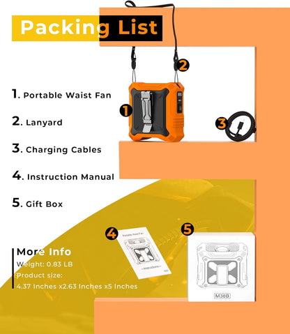 Portable Fan with 5-Speed Settings, Dual-Sided Clip on Wearable Belt Waist Fan for 8000Mah, 2 Settings Including Flashlight,Travel Essential for Outdoor Camping as Power Bank