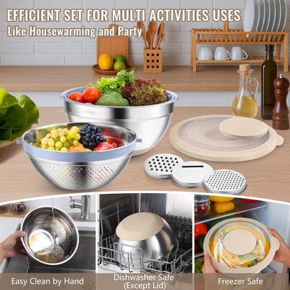 4-In-1 Stainless Steel Colander with Bowl Set, Rotatable Strainers for Kitchen, Fruit Cleaner, Washing Fruit & Draining Pasta, Mixing Bowl and Lid with Grater for Salad, Khaki