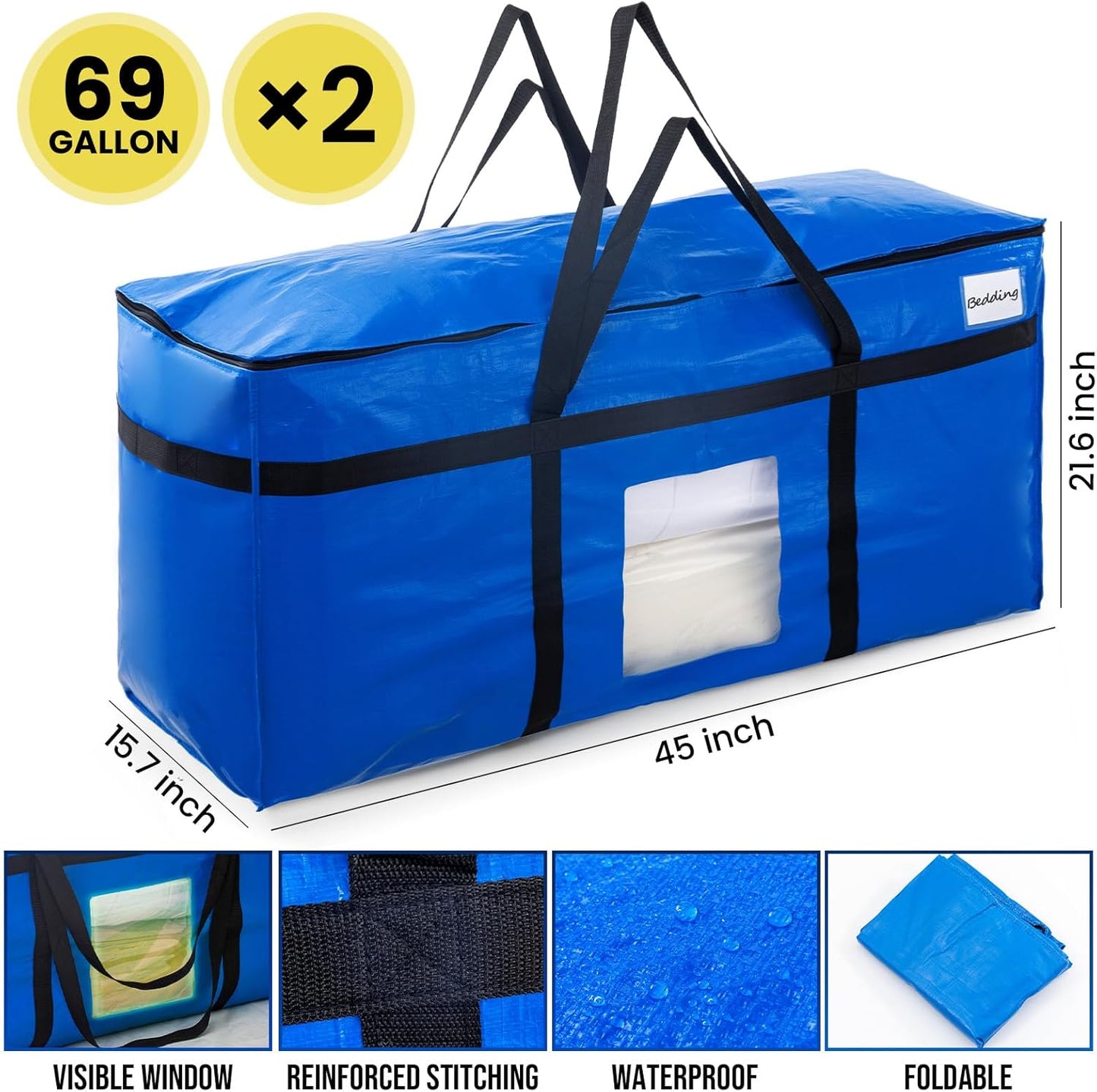 69 Gallon Extra Large Storage Bags, XXL Blue Heavy Duty Moving Bags for Storage with Visible Window, Wrap around Handles, Totes for Space Saving, Alternative to Moving Boxes (2 Pack)