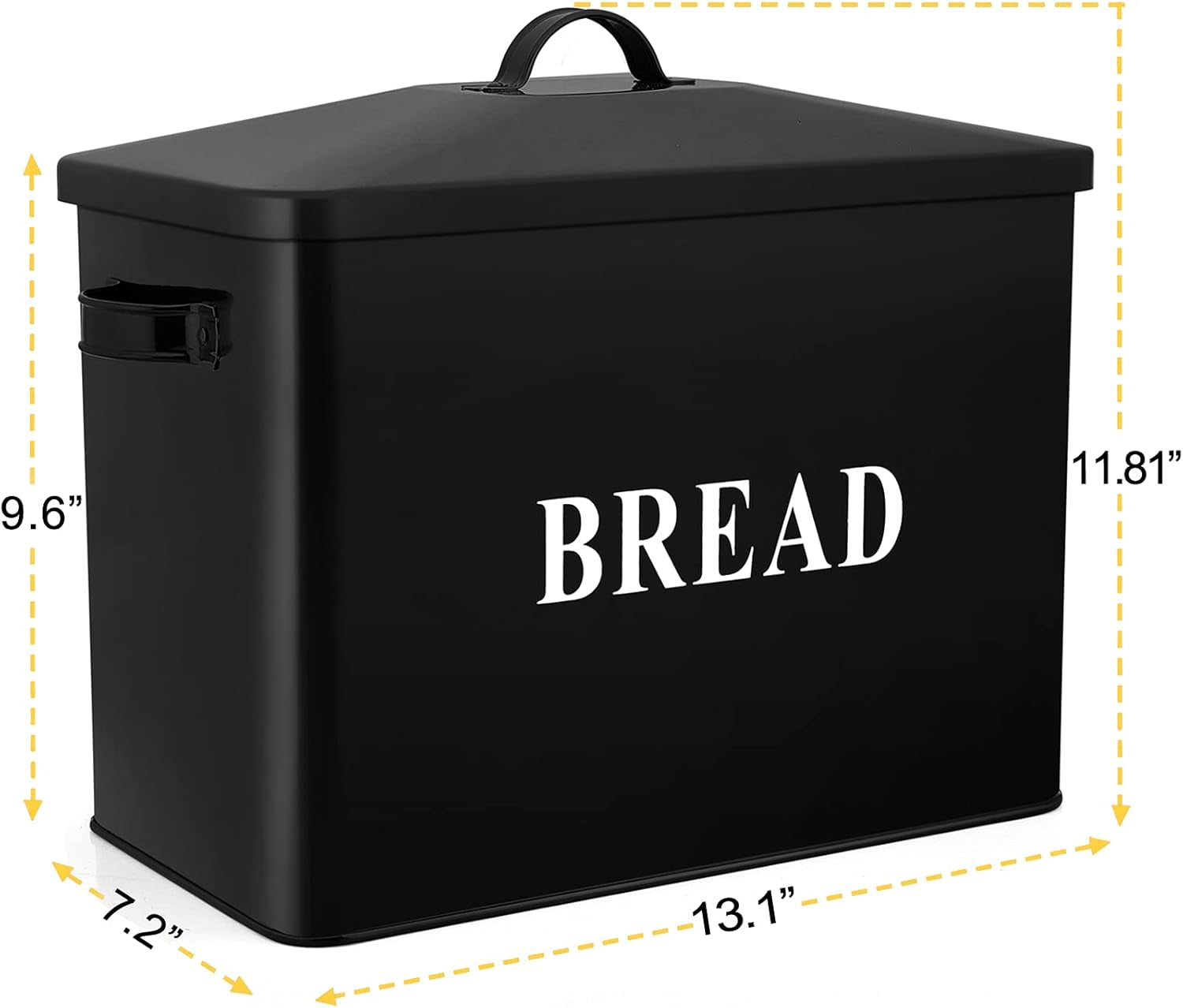 Extra Large Bread Box with Lid, Metal Bread Storage Container for Farmhouse Kitchen Countertop, 13.1” X 11.81” X 7.2” Inches for Holding 2+ Loaves, Indoor & Outdoor Use, Black