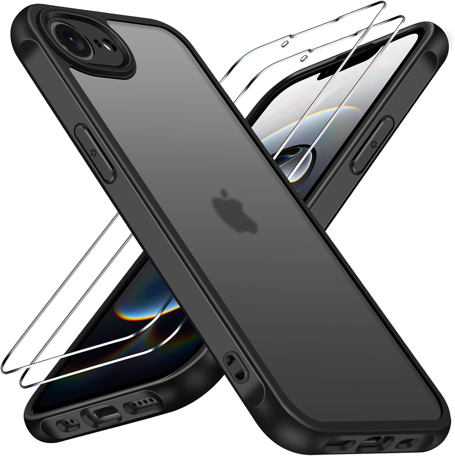 3-In-1 Case for Iphone 16E 6.1" 2025 with 2 Pack Tempered Glass Screen Protector [Military Grade Protection], Frosted Translucent Back Phone Cover- Matte Black