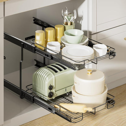 Pull Out Cabinet Organizer, Heavy Duty Cabinet Shelf Organizers, 2 Tier Cabinet Slide Out Shelves for Kitchen, Pantry, Bathroom, 14" W X 21" D