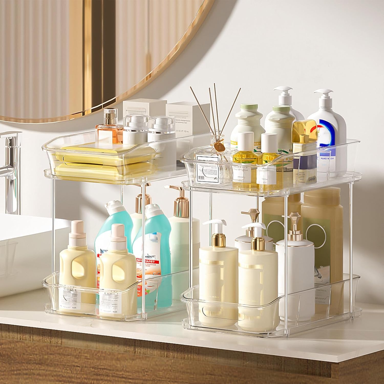 4 Pack Bathroom Organizers and Storage, 2 Tier Clear under Sink Organizer, Pull Out Medicine Cabinet Organizer