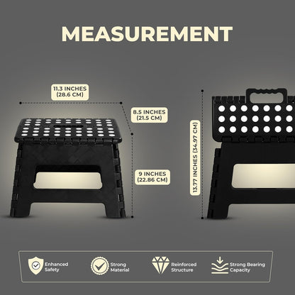 Folding Step Stool - (Pack of 1) Foot Stool with 9 Inch Height - Holds up to 300 Lbs - Lightweight Plastic Foldable Step Stool for Kitchen, Bathroom & Living Room (Black)