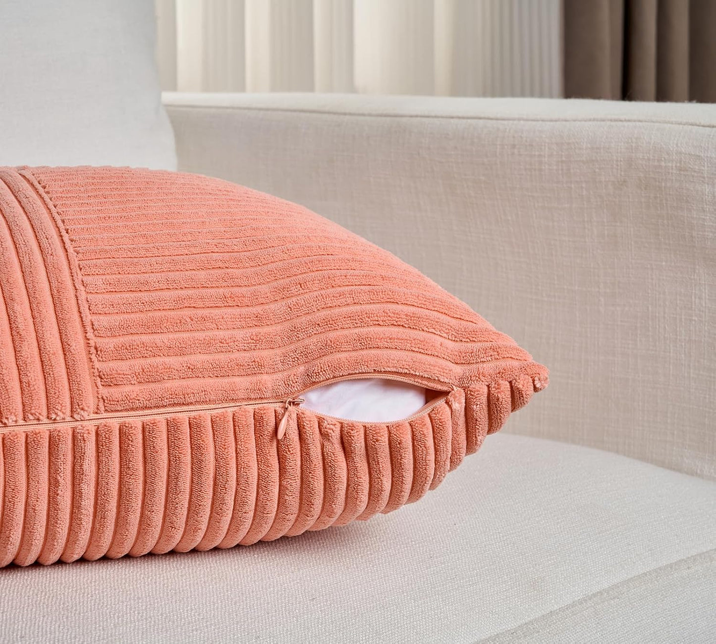 4 Packs Coral Decorative Throw Pillow Covers 18X18 Inch for Living Room Couch Bed, Rustic Farmhouse Boho Home Decor, Soft Cross Corduroy Patchwork Textured Peach Cushion Case 45X45 Cm