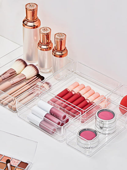 16-Piece Drawer Organizer with Non-Slip Silicone Pads, 5-Size Desk Storage Tray for Makeup, Jewelries, Utensils in Bedroom Dresser, Office and Kitchen, Clear