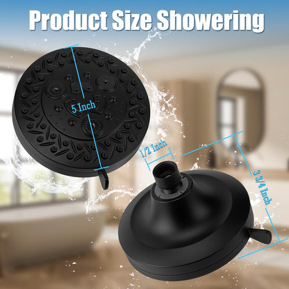 8 Spray Modes Shower Head, 5 Inch High Pressure Shower Heads with 62 Anti-Clogging Nozzles and Adjustable Brass Ball Joint, Replacement for Bathroom Showerhead, Matte Black