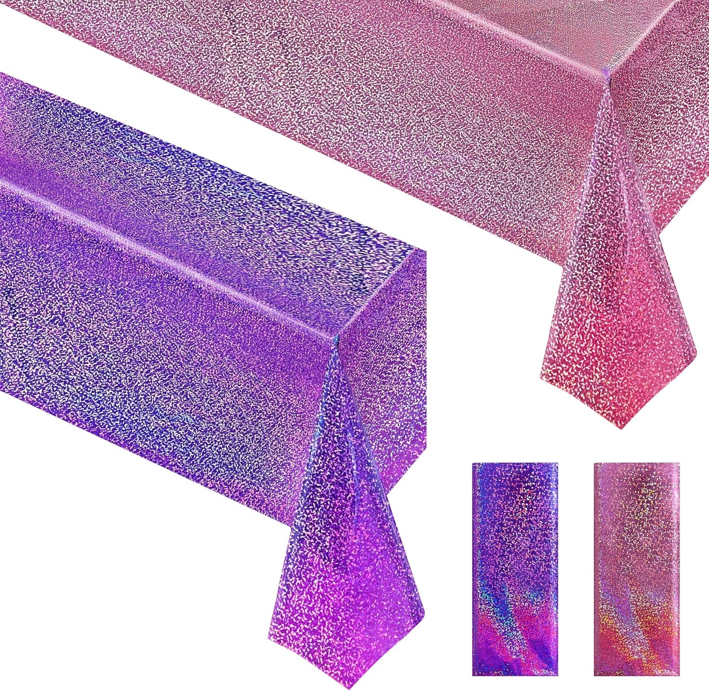 Holographic Pink and Purple Tablecloth Set - 40" x 108" Plastic Table Cover for Birthday, Halloween, and Bachelorette Party Decorations