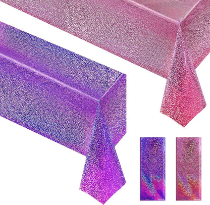 Holographic Pink and Purple Tablecloth Set - 40" x 108" Plastic Table Cover for Birthday, Halloween, and Bachelorette Party Decorations