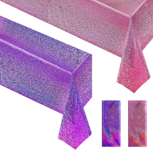 Holographic Pink and Purple Tablecloth Set - 40" x 108" Plastic Table Cover for Birthday, Halloween, and Bachelorette Party Decorations
